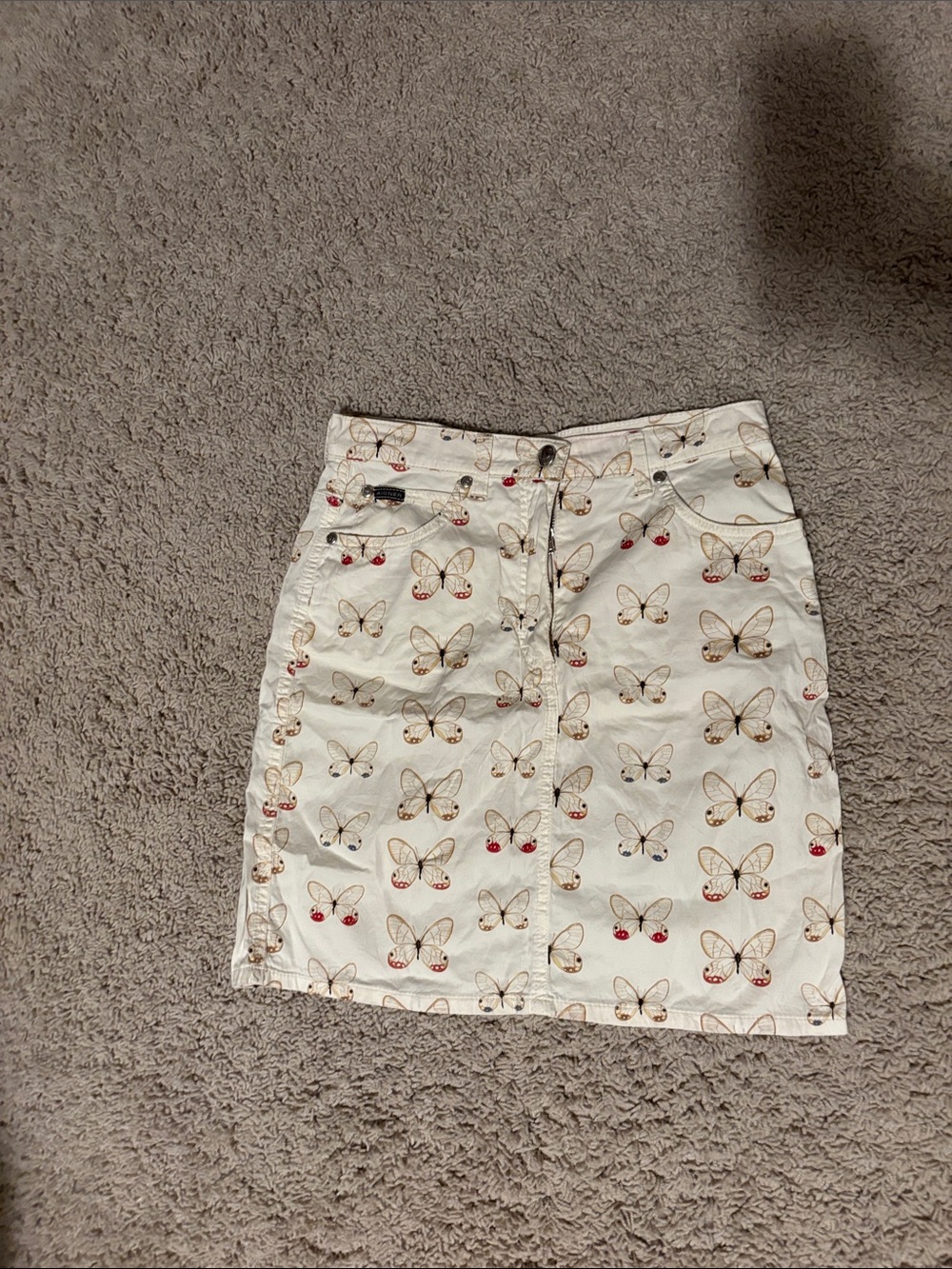 White Butterfly Print Mini Skirt with Red Accent Details